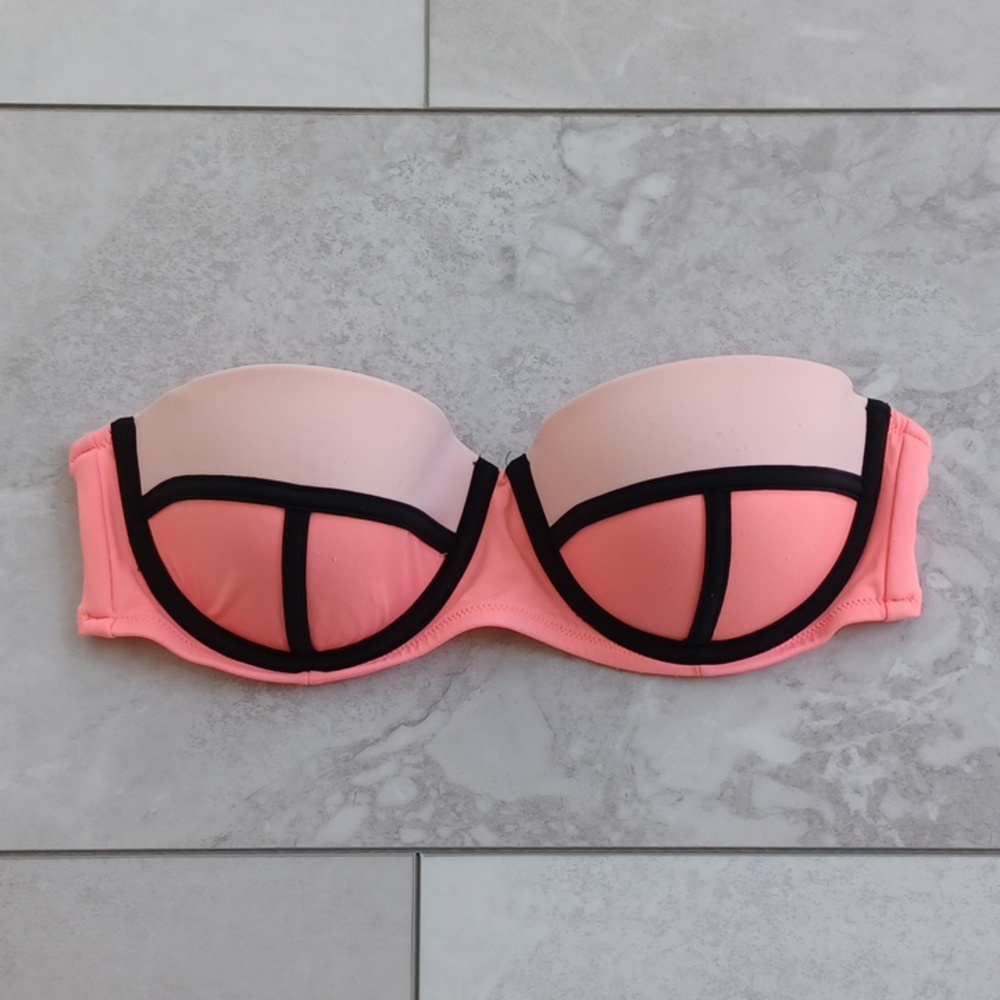 Victoria's Secret The Flirt Bandeau Neon Orange Black Swim Top Size 34D Women's
